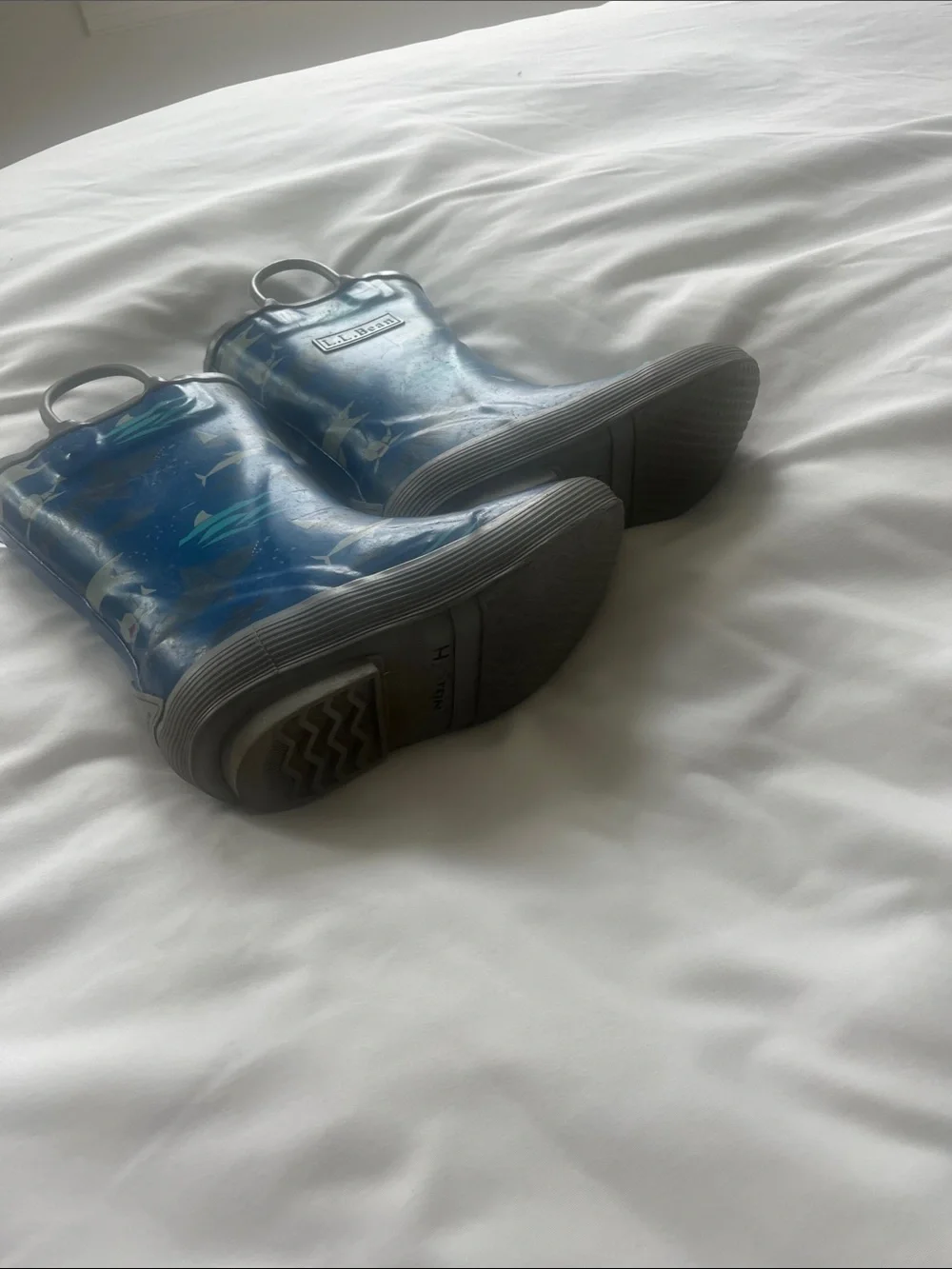 L.L. Bean Blue Kids Shark Print Rain Boots with Gray Trim